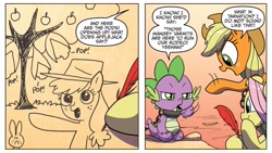 Size: 1334x750 | Tagged: safe, artist:amy mebberson, idw, official comic, applejack, fluttershy, spike, dragon, earth pony, pegasus, pony, friendship is magic #16, g4, spoiler:comic, baby, baby dragon, chained, chains, dialogue, duo focus, emanata, female, male, mare, onomatopoeia, pencil drawing, quill, speech bubble, traditional art, what in tarnation