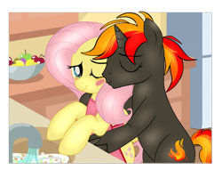 Size: 5000x4000 | Tagged: safe, alternate character, alternate version, artist:amgiwolf, artist:yesic01, fluttershy, oc, pegasus, pony, unicorn, g4, apple, apron, base used, bipedal, blushing, cheek kiss, clothes, commission, dishes, duo, female, food, hug, hug from behind, kissing, kitchen, mare, one eye closed, wink