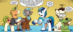 Size: 1334x594 | Tagged: safe, artist:andypriceart, idw, 8-bit (g4), gaffer, gizmo, shining armor, earth pony, pegasus, pony, unicorn, g4, neigh anything, spoiler:comic, spoiler:comic12, clothes, dialogue, emanata, group, magic the gathering, male, quartet, speech bubble, stallion, teenage shining armor, tuxedo, younger