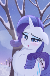 Size: 2000x3047 | Tagged: safe, artist:theretroart88, rarity, pony, unicorn, g4, blushing, chest fluff, female, high res, looking at you, mare, movie accurate, snow, solo, tree, winter