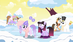 Size: 1280x753 | Tagged: safe, artist:cindystarlight, oc, oc only, oc:flower heart, earth pony, pegasus, pony, unicorn, glowing, glowing horn, horn, magic, snow, snowball, snowball fight, snowman, telekinesis