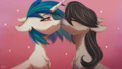 Size: 3840x2160 | Tagged: safe, artist:maybeweed, dj pon-3, octavia melody, vinyl scratch, earth pony, pony, unicorn, g4, chest fluff, cute, duo, duo female, eyes closed, female, floppy ears, gradient background, heart, high res, horn, imminent kissing, lesbian, mare, ship:scratchtavia, shipping, signature, tongue out