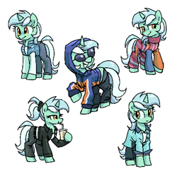 Size: 428x421 | Tagged: safe, artist:plunger, lyra heartstrings, pony, unicorn, g4, clothes, cute, female, hoodie, lyrabetes, mare, pants, scrunchie, shirt, simple background, sunglasses, vest, white background