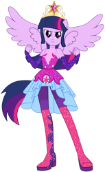 Size: 1280x2085 | Tagged: safe, artist:ajosterio, twilight sparkle, human, equestria girls, g4, my little pony equestria girls: better together, bare shoulders, big crown thingy, clothes swap, element of magic, jewelry, ponied up, regalia, simple background, sleeveless, solo, spread wings, super ponied up, transparent background, twilight sparkle (alicorn), wings