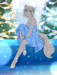 Size: 2600x3450 | Tagged: safe, artist:jerraldina, anthro, christmas, christmas tree, commission, female, high res, holiday, solo, tree, your character here