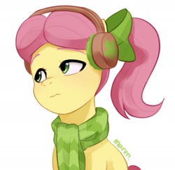 Size: 1797x1741 | Tagged: safe, artist:maren, posey bloom, earth pony, pony, g5, bow, clothes, doodle, earmuffs, female, hair bow, mare, ponytail, scarf, simple background, solo, striped scarf, white background