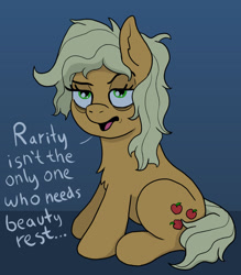 Size: 1600x1829 | Tagged: safe, artist:doodledonutart, applejack, earth pony, pony, g4, bags under eyes, blue background, chest fluff, dialogue, dishevelled, exhausted, messy mane, simple background, solo, tired