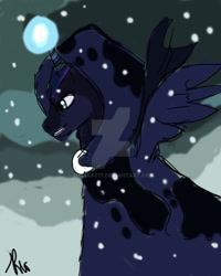 Size: 1024x1280 | Tagged: safe, artist:mirakat17, princess luna, spirit of hearth's warming yet to come, alicorn, pony, a hearth's warming tail, g4, cloak, clothes, deviantart watermark, glowing, glowing horn, horn, obtrusive watermark, snow, snowfall, solo, watermark