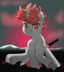 Size: 2405x2700 | Tagged: safe, artist:forgalorga, artist:php178, oc, oc only, oc:anti-censorship pone, pony, unicorn, semi-anthro, make new friends, .svg available, adult blank flank, arm hooves, belly button, censorship, curved horn, cute, cute little fangs, fanart, fangs, female, fighter, gift art, gradient mane, gradient tail, grin, high res, highlights, hoof heart, horn, human shoulders, inkscape, katana, lidded eyes, looking at you, mare, mountain, movie accurate, nc-tv signature, orange eyes, orange mane, orange tail, shading, sharp teeth, signature, sitting, slit pupils, smiling, smiling at you, snow, solo, spiky mane, spread hooves, spread legs, spreading, strategically covered, sultry pose, sunset, svg, sword, tail, tail between legs, teeth, that was fast, underhoof, unicorn oc, upside-down hoof heart, vector, victory, weapon