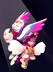 Size: 2075x2842 | Tagged: safe, artist:aztrial, pipp petals, zipp storm, pegasus, pony, g5, my little pony: make your mark, my little pony: make your mark chapter 3, winter wishday, spoiler:g5, spoiler:winter wishday, clothes, colored wings, crown, duo, duo female, eye clipping through hair, eyebrows, eyes closed, female, flying, gradient wings, grin, high res, jewelry, mare, open mouth, open smile, regalia, royal sisters (g5), siblings, sisters, smiling, spread wings, wings