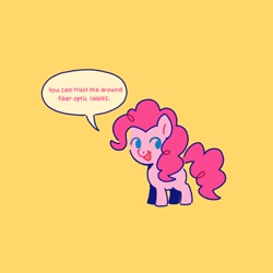 Size: 2048x2048 | Tagged: safe, artist:luv_shots, pinkie pie, earth pony, pony, g4, blatant lies, dialogue, high res, open mouth, open smile, orange background, simple background, smiling, solo, what could possibly go wrong