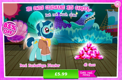 Size: 1960x1295 | Tagged: safe, gameloft, trotsky, pony, unicorn, g4, my little pony: magic princess, advertisement, background character, background pony, beard, clothes, costs real money, english, facial hair, gem, glasses, horn, introduction card, male, numbers, sale, scarf, solo, stage, stallion, text