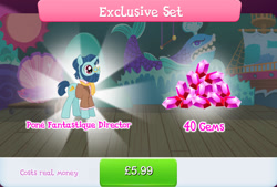 Size: 1264x856 | Tagged: safe, gameloft, trotsky, pony, unicorn, g4, my little pony: magic princess, background character, background pony, beard, bundle, clothes, costs real money, english, facial hair, gem, glasses, horn, male, numbers, sale, scarf, solo, stage, stallion, text