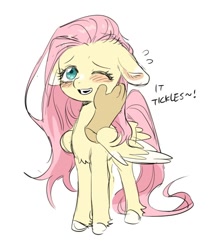 Size: 640x742 | Tagged: safe, artist:racoonman, discord, fluttershy, pegasus, pony, g4, blushing, chest fluff, colored hooves, colored wings, colored wingtips, cute, dialogue, disembodied hand, duo, female, floppy ears, hand, hand on cheek, hand on face, happy, implied discord, mare, offscreen character, open mouth, partially open wings, shyabetes, simple background, sketch, smiling, solo focus, standing, three quarter view, tickling, unshorn fetlocks, white background, wings