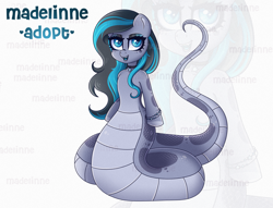 Size: 3219x2453 | Tagged: safe, artist:madelinne, oc, oc only, lamia, original species, snake, semi-anthro, adoptable, adoptable open, female, high res, long hair, mare, scales, solo, zoom layer