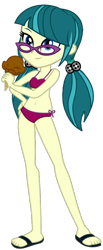 Size: 466x1133 | Tagged: safe, artist:ajosterio, juniper montage, human, equestria girls, g4, bare shoulders, belly button, bikini, chocolate, clothes, feet, female, food, glasses, ice cream, ice cream cone, legs, midriff, ponytails, sandals, simple background, sleeveless, smiling, solo, swimsuit, transparent background