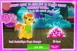 Size: 1958x1300 | Tagged: safe, gameloft, crunch time, earth pony, pony, g4, my little pony: magic princess, advertisement, background character, background pony, clothes, costs real money, english, gem, glasses, introduction card, male, microphone, numbers, sale, shirt, solo, stage, stallion, text