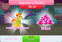 Size: 1265x856 | Tagged: safe, gameloft, crunch time, earth pony, pony, g4, my little pony: magic princess, background character, background pony, bundle, clothes, costs real money, english, gem, glasses, headset mic, male, microphone, numbers, sale, shirt, solo, stage, stallion, text