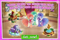 Size: 1954x1295 | Tagged: safe, gameloft, emerald flare, gladmane, sapphire sequins, sunset circus, earth pony, pony, g4, my little pony: magic princess, book, building, burlesque dancers, bush, coconut, curtains, english, feather, female, food, fountain, gold, headress, las pegasus, limited-time story, mare, mobile game, palm tree, performer, show mares, showgirl, sign, statue, text, tree, trio