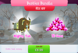 Size: 1267x854 | Tagged: safe, gameloft, yak, g4, my little pony: magic princess, background character, background yak, braid, bundle, costs real money, covered eyes, english, female, gem, horns, nose piercing, nose ring, numbers, piercing, sale, snow, solo, text, unnamed character, unnamed yak
