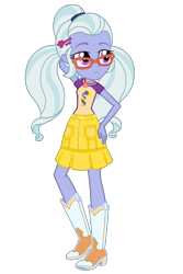 Size: 730x1095 | Tagged: safe, artist:ajosterio, sugarcoat, human, equestria girls, g4, boots, clothes, clothes swap, cowgirl outfit, denim, denim skirt, female, glasses, hairpin, hand behind back, jewelry, necklace, pockets, ponytails, shirt, shoes, simple background, skirt, smiling, solo, transparent background