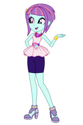 Size: 1024x1537 | Tagged: safe, artist:ajosterio, sunny flare, human, equestria girls, g4, clothes, clothes swap, female, gold, hand on hip, high heels, jewelry, necklace, open mouth, peplum dress, shoes, shorts, simple background, sleeveless, smiling, solo, transparent background, waistband, wristband