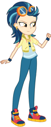 Size: 633x1569 | Tagged: safe, artist:ajosterio, indigo zap, human, equestria girls, g4, clothes, clothes swap, female, goggles, jacket, jewelry, lightning, necklace, pants, pockets, shirt, shoes, simple background, smiling, solo, transparent background, wristband