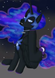 Size: 2480x3508 | Tagged: safe, artist:sh4deshad0w41, nightmare moon, alicorn, pony, g4, armored pony, behaving like a dog, eyebrows, female, folded wings, frown, gradient background, high res, jewelry, looking at you, mare, name tag, necklace, pet tag, scratching, sitting, solo, teeth, wide eyes, wings