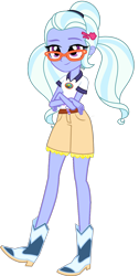 Size: 722x1433 | Tagged: safe, artist:ajosterio, sugarcoat, human, equestria girls, g4, my little pony equestria girls: legend of everfree, belt, boots, camp everfree logo, camp everfree outfits, clothes, collar, crossed arms, denim, denim shorts, female, glasses, legs, pockets, ponytails, shirt, shoes, shorts, simple background, solo, transparent background
