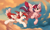 Size: 4700x2800 | Tagged: safe, artist:dreamweaverpony, oc, oc only, oc:dusty ember, oc:making amends, pegasus, pony, duo, flying, high res, spread wings, wings