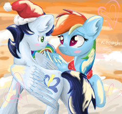Size: 2113x1988 | Tagged: safe, artist:celedash, rainbow dash, soarin', pegasus, pony, g4, backwards cutie mark, blushing, butt, christmas, clothes, cloud, colt, female, foal, hat, holiday, looking at each other, looking at someone, male, mare, plot, romantic, santa hat, scarf, ship:soarindash, shipping, smiling, soarass, stallion, straight, sunset