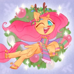 Size: 1526x1522 | Tagged: safe, artist:shugrcube, fluttershy, pegasus, pony, bell, bell collar, christmas ornament, christmas wreath, clothes, collar, cute, decoration, fake antlers, female, jingle bells, looking at you, mare, no pupils, one eye closed, open mouth, open smile, red nose, scarf, shyabetes, smiling, smiling at you, solo, sparkles, striped scarf, wink, winking at you, wreath