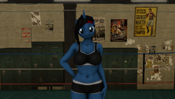Size: 1280x720 | Tagged: safe, artist:aidenrin, oc, oc:azure cross, unicorn, anthro, 3d, abs, athlete, athletic, belly button, boxing ring, clothes, female, gym, horn, midriff, muscles, original character do not steal, shorts, solo, sports bra, sports shorts, unicorn oc