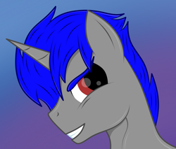 Size: 2672x2272 | Tagged: safe, artist:rugalack moonstar, oc, oc only, oc:enigan, pony, unicorn, bust, gradient background, grin, high res, looking back, male, smiling, solo, stallion