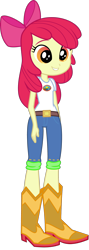 Size: 1118x3152 | Tagged: safe, artist:ajosterio, apple bloom, human, equestria girls, g4, belt, belt buckle, boots, bow, camp everfree logo, camp everfree outfits, clothes, clothes swap, hair bow, pants, shoes, simple background, smiling, solo, transparent background