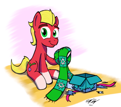 Size: 1300x1150 | Tagged: safe, artist:ebbysharp, sprout cloverleaf, earth pony, pony, g5, clothes, cute, happy, looking at you, male, present, scarf, smiling, solo, sproutbetes, stallion, when he smiles