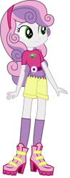 Size: 1280x3271 | Tagged: safe, artist:ajosterio, sweetie belle, human, equestria girls, g4, boots, camp everfree logo, camp everfree outfits, clothes, clothes swap, denim, denim shorts, hairband, shirt, shoes, shorts, simple background, smiling, socks, solo, transparent background