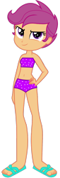 Size: 556x1640 | Tagged: safe, artist:ajosterio, scootaloo, human, equestria girls, g4, bikini, bikini bottom, bikini top, clothes, clothes swap, feet, female, legs, looking up, sandals, simple background, smiling, smug, solo, swimsuit, transparent background