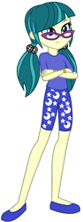Size: 443x1184 | Tagged: safe, artist:ajosterio, juniper montage, human, equestria girls, g4, ankles, clothes, clothes swap, crescent moon, crossed arms, female, glasses, moon, pants, ponytails, shoes, simple background, smiling, solo, stars, transparent background, wristband
