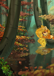 Size: 2500x3500 | Tagged: safe, artist:medkit, oc, oc only, oc:lantern, deer, deer pony, earth pony, hybrid, original species, pony, autumn, autumn leaves, big eyes, complex background, deer nose, deer oc, eyes open, falling leaves, female, fog, forest, high res, horns, leaves, long mane, mare, non-pony oc, paint tool sai 2, reflection, ripples, river, solo, speedpaint, tree, water