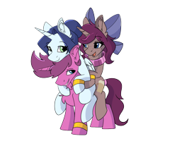 Size: 1280x1024 | Tagged: safe, artist:aurorafang, oc, oc only, oc:aurorafang, oc:flurry, oc:mochaswirl, alicorn, pony, unicorn, 2023 community collab, derpibooru community collaboration, bow, clothes, couple, female, hair bow, male, mare, ponies riding ponies, riding, scarf, simple background, stallion, striped scarf, transparent background, trio, wings