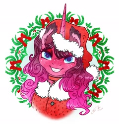 Size: 1962x2048 | Tagged: safe, artist:opalacorn, oc, oc only, oc:garnet midnight, pony, unicorn, bust, christmas, female, freckles, grin, hat, holiday, holly, looking at you, mare, santa hat, simple background, smiling, smiling at you, solo, white background