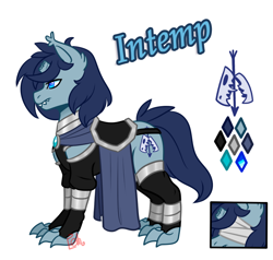 Size: 736x700 | Tagged: safe, artist:eve-of-halloween, oc, oc only, oc:intemp, hybrid, original species, predorus, hallowverse, tumblr:askmotherlyluna, armor, blue eyes, blue mane, broken horn, claws, clothes, color palette, cutie mark, ear fluff, horn, male, reference, reference sheet, sharp teeth, simple background, solo, stallion, teeth, white background