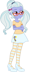 Size: 994x2388 | Tagged: safe, artist:ajosterio, sugarcoat, human, equestria girls, g4, casual, clothes, crossed arms, glasses, hairpin, leggings, ponytails, shirt, shoes, simple background, skirt, smiling, socks, solo, striped socks, transparent background