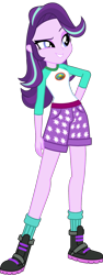 Size: 800x2129 | Tagged: safe, artist:ajosterio, starlight glimmer, human, equestria girls, g4, camp everfree logo, camp everfree outfits, clothes, clothes swap, cute, denim, denim shorts, eyebrows, female, glimmerbetes, legs, long sleeved shirt, long sleeves, pockets, raised eyebrow, shirt, shoes, shorts, simple background, smiling, smirk, socks, solo, transparent background