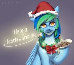 Size: 1383x1208 | Tagged: safe, artist:gabrilis, oc, oc only, pegasus, pony, undead, vampire, vampony, bow, christmas, cookie, fangs, food, hat, holiday, lights, santa hat, text, wreath