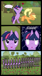 Size: 1280x2300 | Tagged: safe, artist:bigsnusnu, applejack, twilight sparkle, earth pony, pony, unicorn, comic:dusk shine in pursuit of happiness, applebuck season, g4, apple, apple tree, applebucking, applejack's hat, comic, cowboy hat, dusk shine, groin attack, hat, implied balls, onomatopoeia, rule 63, sound effects, speech bubble, standing on two hooves, sweet apple acres, this ended in pain, tree, white eyes, zzz