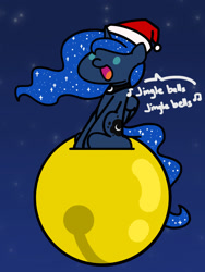 Size: 1350x1800 | Tagged: safe, artist:flutterluv, princess luna, alicorn, pony, series:flutterluv's full moon, g4, bell, christmas, full moon, hat, holiday, jingle bells, moon, santa hat, singing, solo, tangible heavenly object