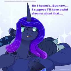 Size: 1200x1200 | Tagged: safe, artist:eve-of-halloween, princess luna, oc, oc:intemp, hybrid, original species, hallowverse, tumblr:askmotherlyluna, g4, ask, blue hair, body markings, broken horn, butt, canon x oc, crossed hooves, cuddly, curved horn, ears back, ethereal mane, female, freckles, gradient hooves, gradient mane, green eyes, hooves, horn, hug, long hair, long mane, male, mare, pillow, pillow hug, sad, shipping, simple background, sleeping, spots, stallion, upset, worried