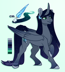 Size: 1118x1248 | Tagged: safe, artist:eve-of-halloween, oc, oc only, oc:nightfall, alicorn, pony, hallowverse, tumblr:askmotherlyluna, alicorn oc, body markings, color palette, colored wings, crossed hooves, curved horn, cutie mark, ethereal mane, ethereal tail, fetlock tuft, freckles, gradient background, gradient hooves, gradient mane, gradient wings, hooves, horn, long hair, long mane, long tail, male, nexgen, next generation, offspring, parent:oc:intemp, parent:princess luna, parents:canon x oc, reference sheet, simple background, sparkles, stallion, tail, unshorn fetlocks, wings